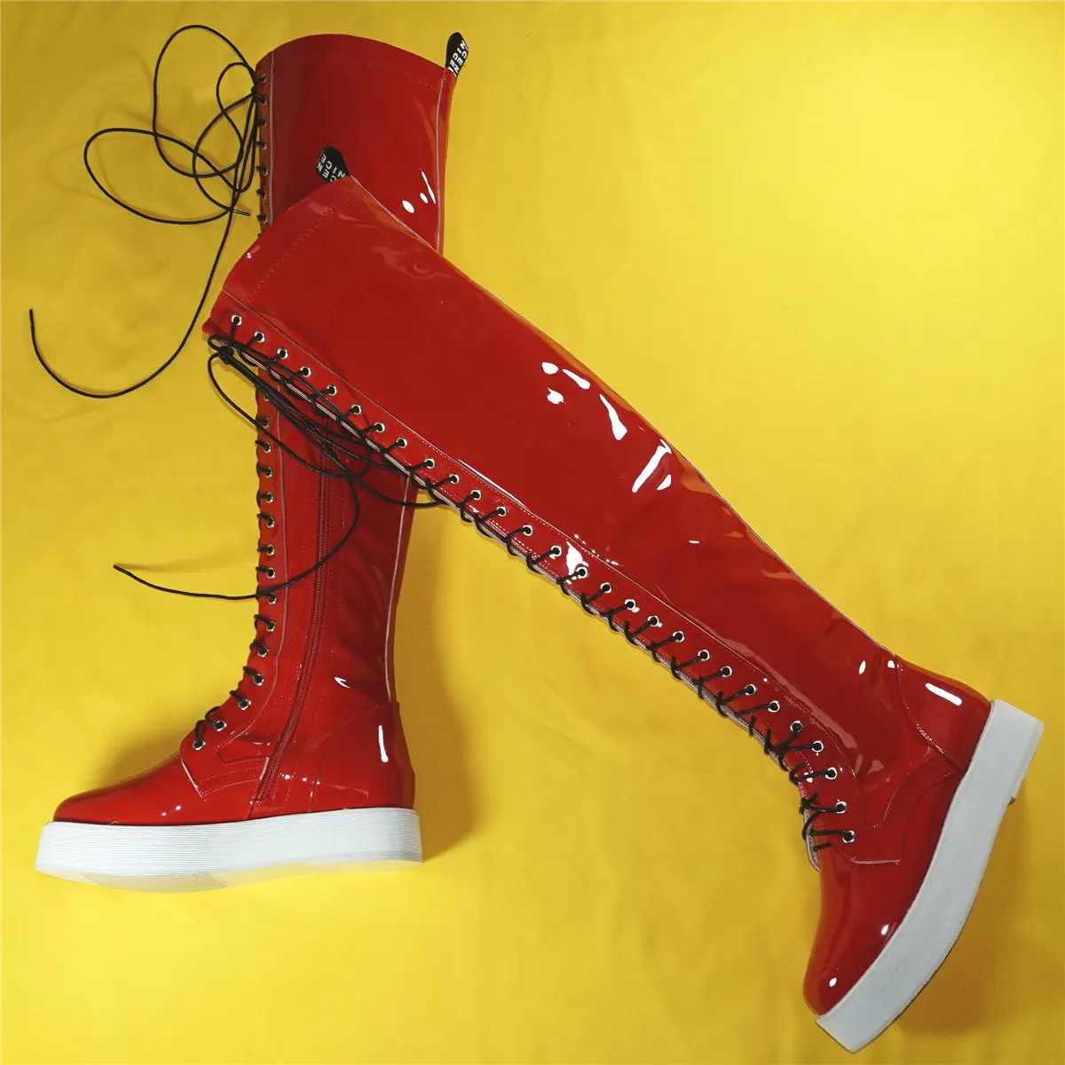 Thigh High Fashion Sneakers Women Lace Up Patent Leather Over The Knee Boots Female Round Toe Chunky Platform Pumps Casual Shoes
