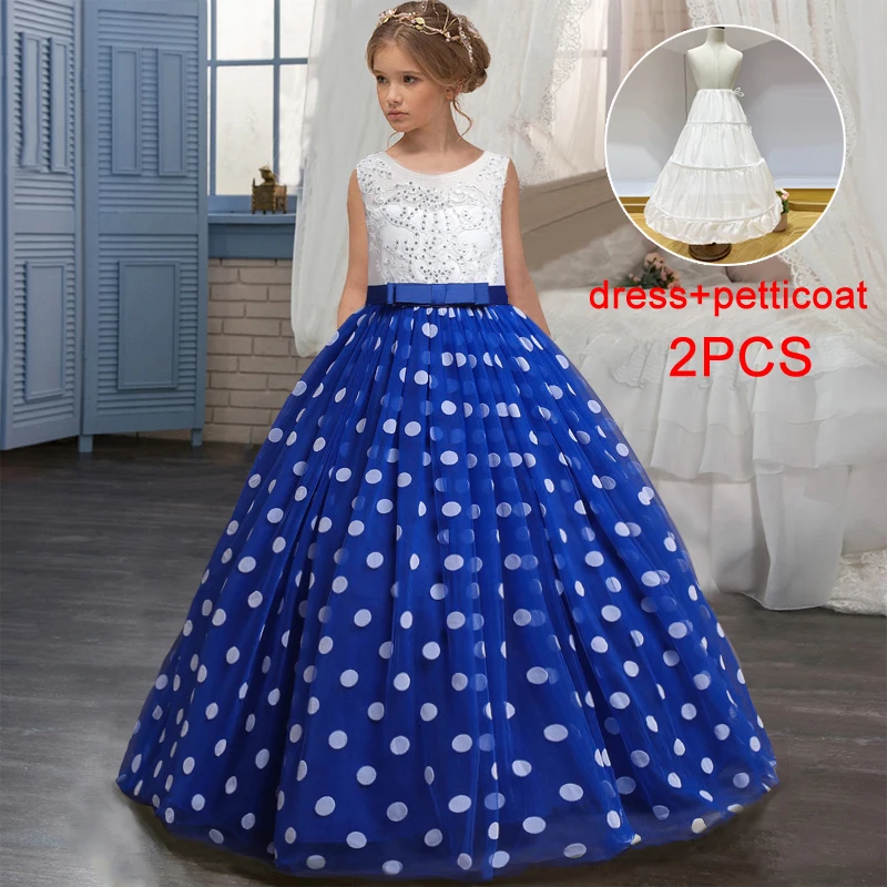 

2022 Kids Lace Bridesmaid Dress For Girl Children Costume Dot Princess Dresses Vestido Girls Evening Clothes Show Tailing Gown
