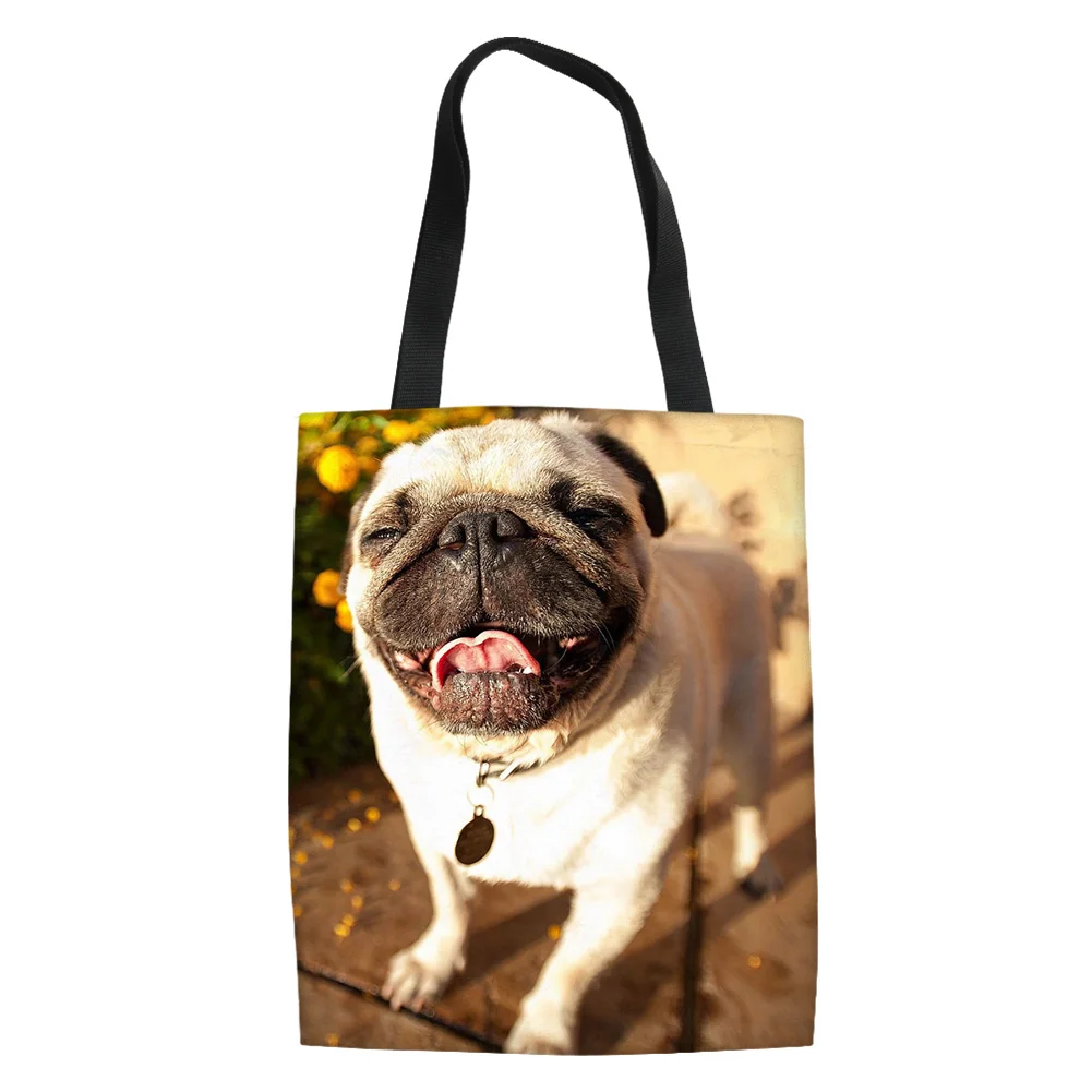 Cool Pug Pattern Portable Shopping Bag Fashion Outdoor Travel Handbag Lightweight Adult Women Bolso De Mano