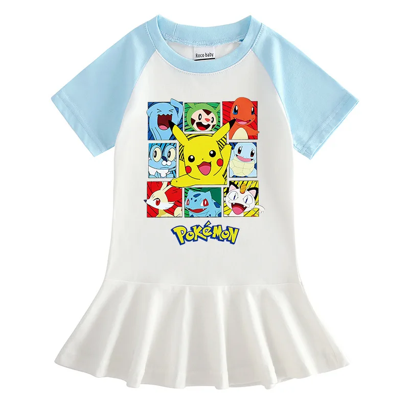 

2022 Pokemon Summer New Children Clothing Cartoon Half-sleeved Ruffles Girls Dress Kawaii Fashion Pleated Skirt Cosplay Costume