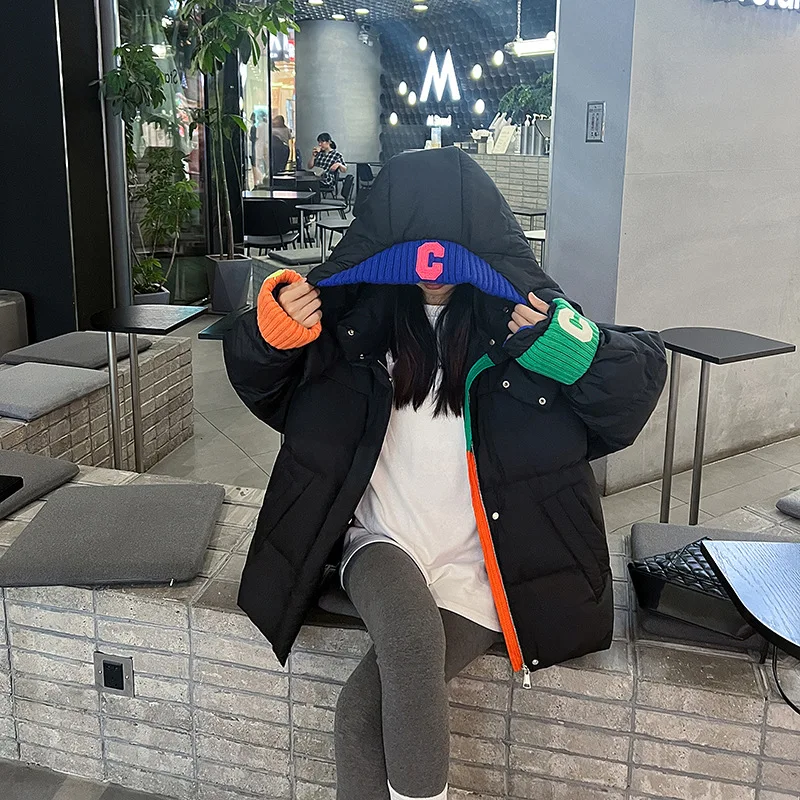 Knited Patchwork Padded Jacket Female Hooded Coat  Fashion Outerwear  Students Puff Jackets Gm*