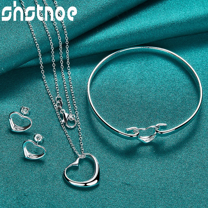 

Wholesale 3pcs 925 Sterling Silver Heart Jewelry Sets For Woman Wedding Party Gifts Charm Pendant Necklace Bangle Earrings Sets