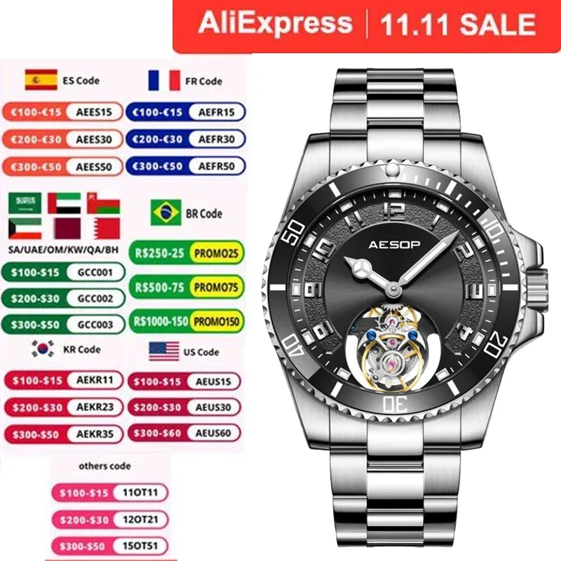 

AESOP Flying Tourbillon Mechanical Men's Wristwatches Skeleton Sapphire 5Bar Clock 316L Stainless Steel Waterproof Male Watches