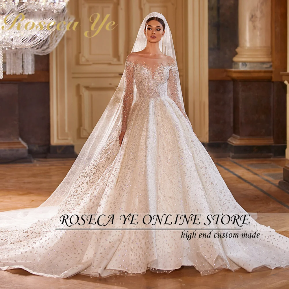 

Roseca Ye A-Line Wedding Dress 2022 Luxury Sweetheart Beaded Long Sleeve Bride Princess Backless Sparkling Vestidos De Novia