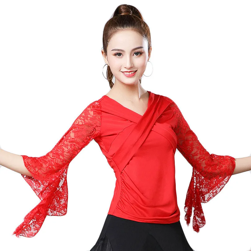 

National standard dance clothes top women Latin Ballroom Blouses female trumpet sleeve training clothes Latin dance 4XL shirt