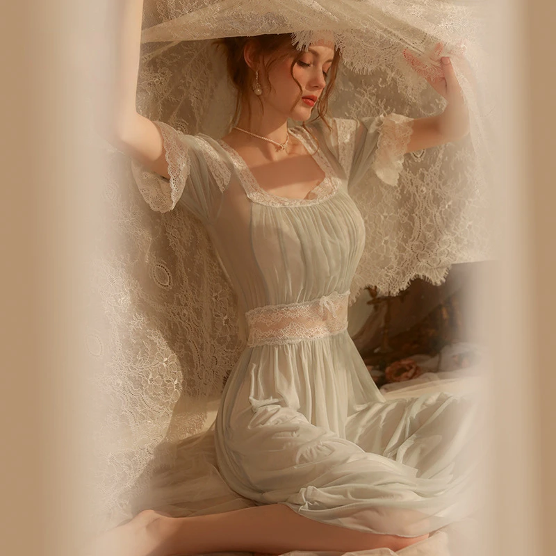 Sexy Sleepwear Women Night Dress Mesh Perspective Mesh Thin Lace Sling Long Nightwear Night Gown Night Dress Home Clothes