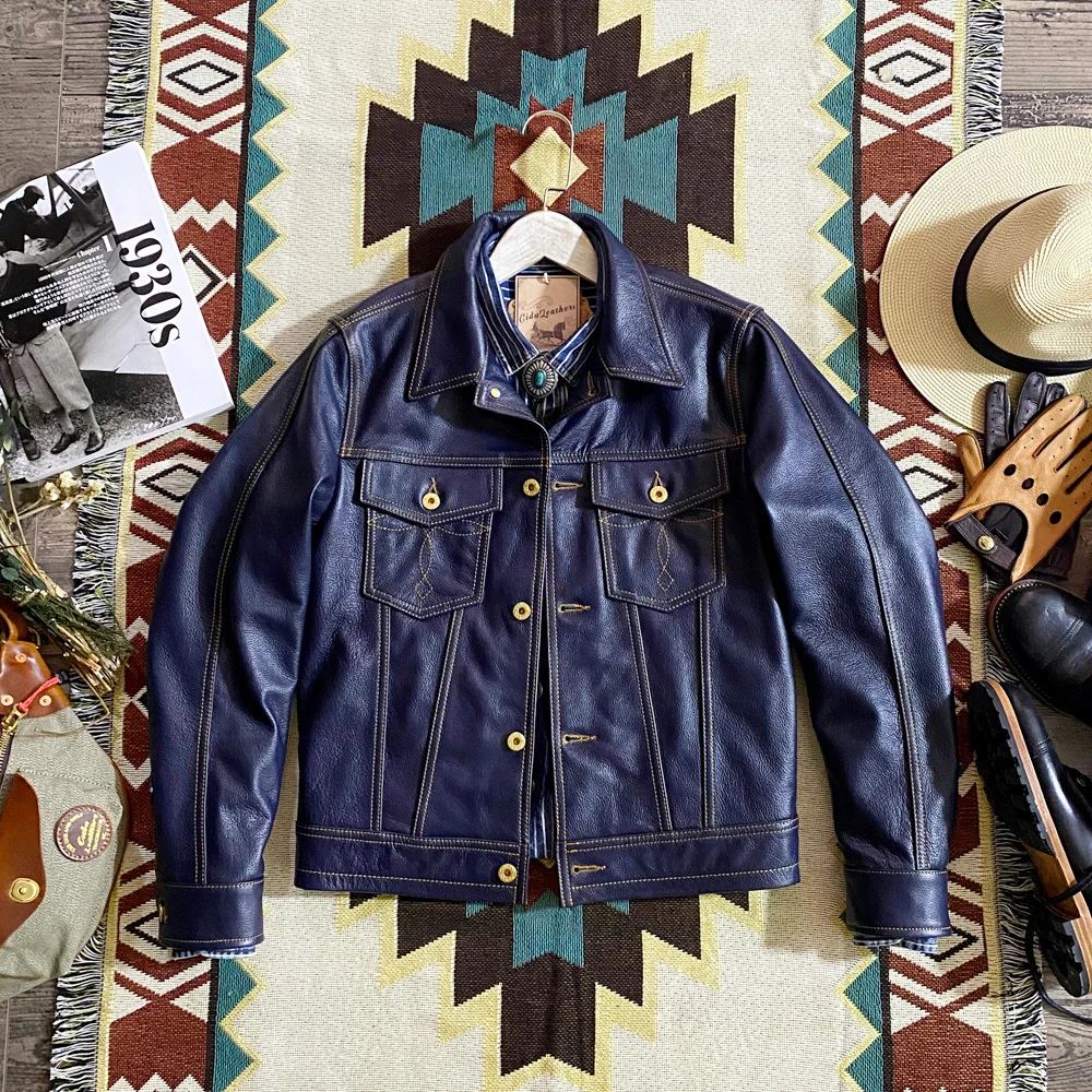 

YR!Free shipping.Cuero Super slim blue genuine leather jacket.men classic casual short young cowhide coat.sales.fashion 천연 가죽