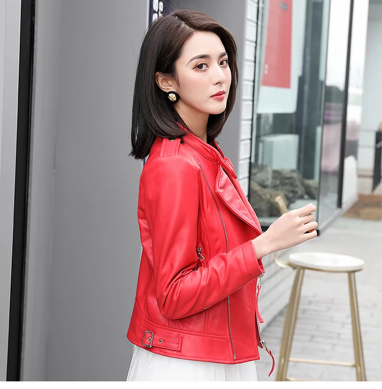 spring Free fashion Shipping,2023 women genuine leather jacket.New slim short sheepskin coat.motor style.quality sales