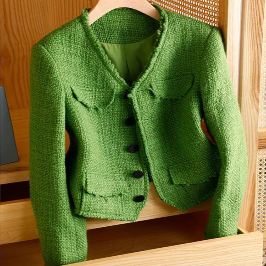 

French style autumn small fragrance v-neck woolen jacket women slim single breasted top outwear