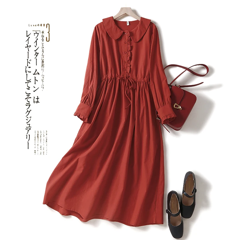

2022 New Autumn Spring Cotton Linen Solid Drawstring Long Sleeve Elegant Ladies Dress Vintage Women Casual Loose Dresses Robe