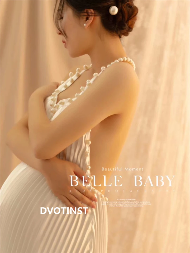Enlarge Dvotinst Women Photography Props Maternity Dresses Pregnancy Pearl Sexy Performance White Dress Studio Photoshoot Photo Clothes