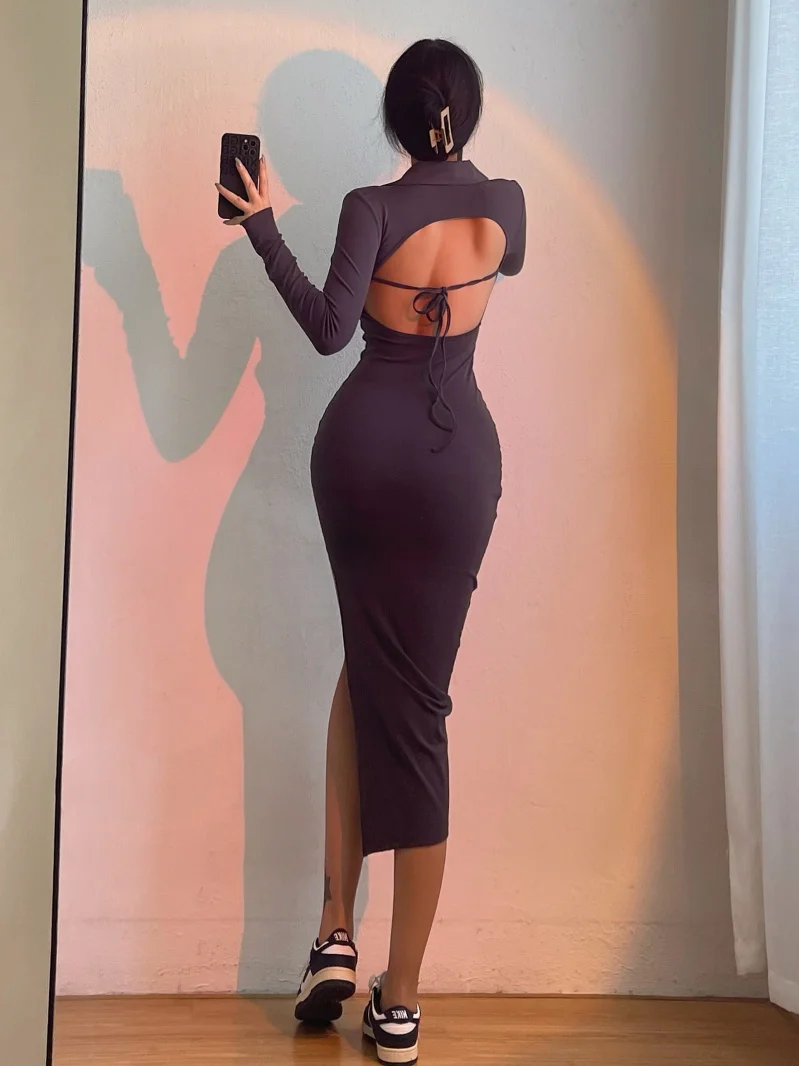 

Длинное милое платье-макси с открытой спиной, соблазнительное облегающее платье-поло с разрезом и длинным рукавом для девушек, модные женск...