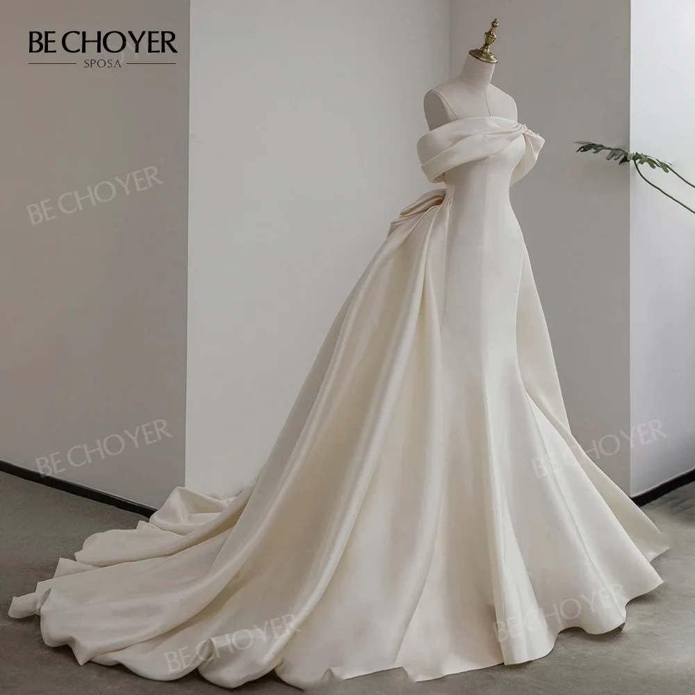 

Wedding Dress Satin Strapless Mermaid Pearls Bride Gown 2023 Bow 2 In 1 Detachable Train Princess BECHOYER B340 Vestido de Noiva