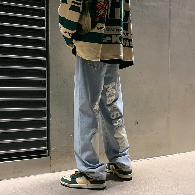 Emo Men Harajuku Letter Embroidery Streetwear Alt Jeans Hip Hop Wide Leg Baggy Denim Pants Grunge Low Waist Trousers Y2k Clothes