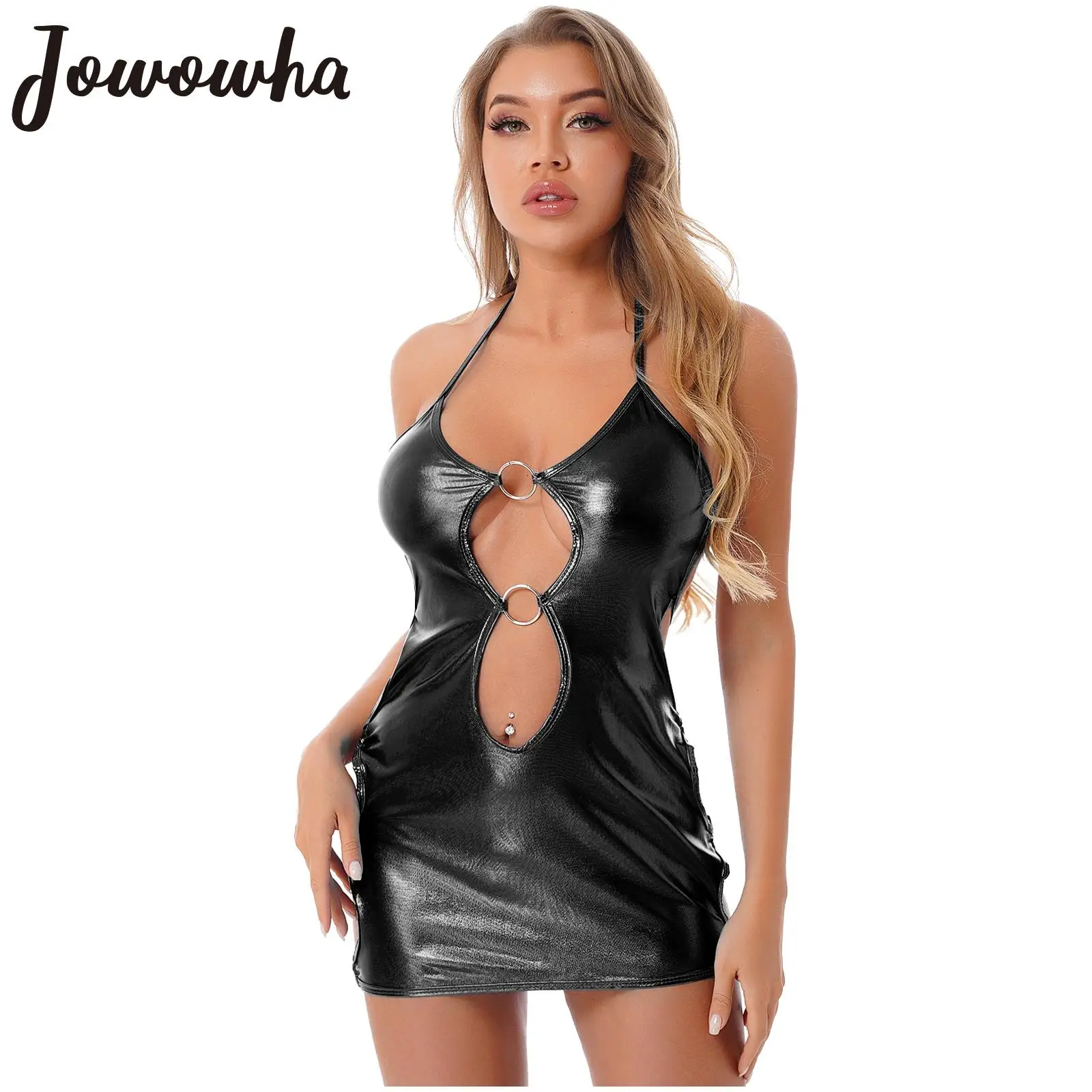 

Women Metallic Patent Leather Cutout Bodycon Dress Nightclub Party Festival Rave Pole Dance Costume Shiny Halter Mini Dresses