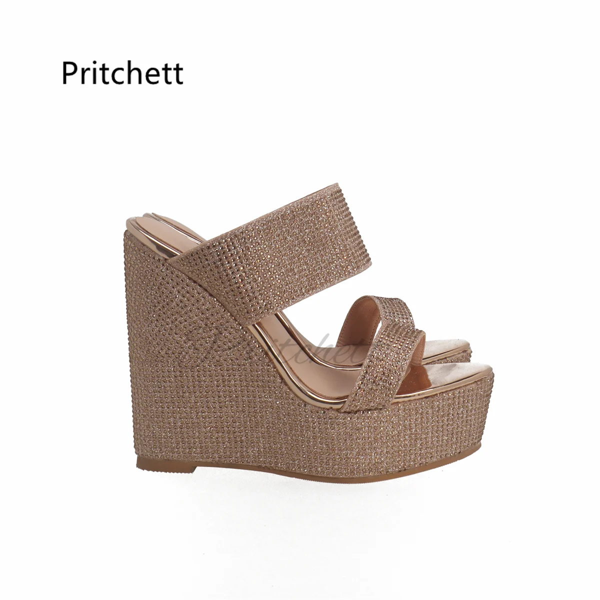 Double Strap Rhinestone Wedge Slippers for Women Bling Bling Platform Round Toe Summer Shoes Luxurious Design Women Sandals