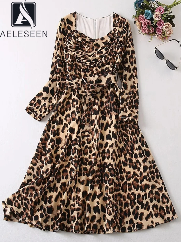 AELESEEN Designer Fashion Dress 2023 Women Autumn V-Neck Draped Leopard Print Belt Full Sleeve Elegant Vintage Party Holiday