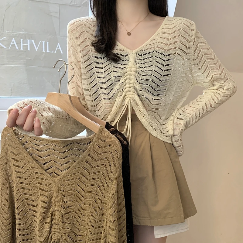 

Crocheted Tops Sweaters Pullovers Female Draw String Sweater Jumpers Women Full Sleeve Hollow Out Leisure Tops For Women