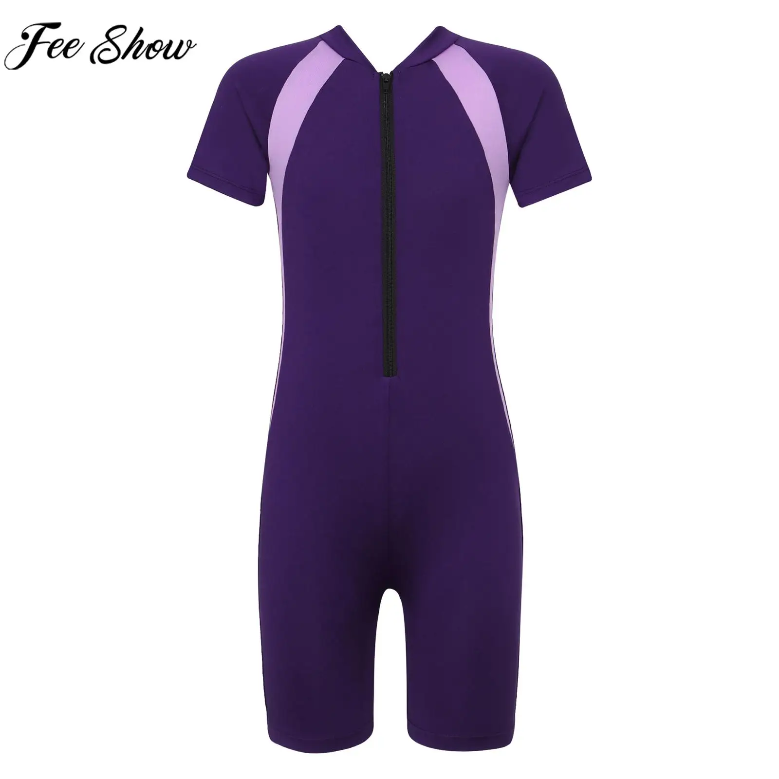 

Kids Girls One-piece Swimwear Sunscreen Surfing Rash Guard Wetsuit Short Sleeve Zipper Shorty Bodysuit Swimsuit Bathing Suit