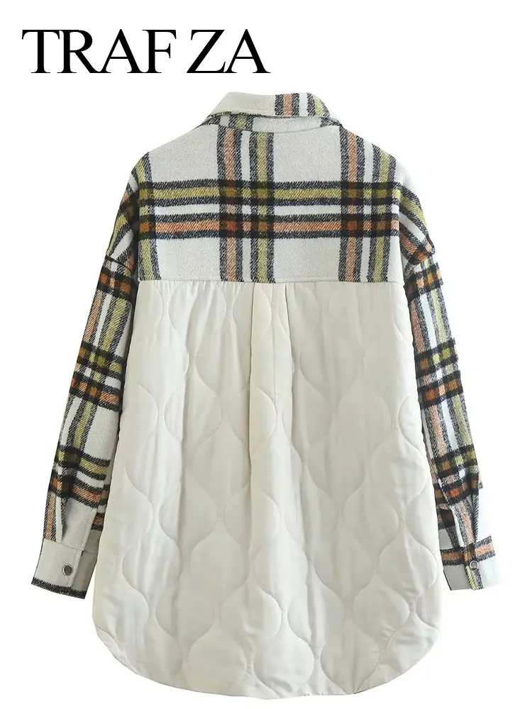 TRAF ZA Women's Fashion Casual Loose Cotton Coats Contrast Plaid Patchwork Zipper Long Sleeve Jacket Female Chic Outerwear
