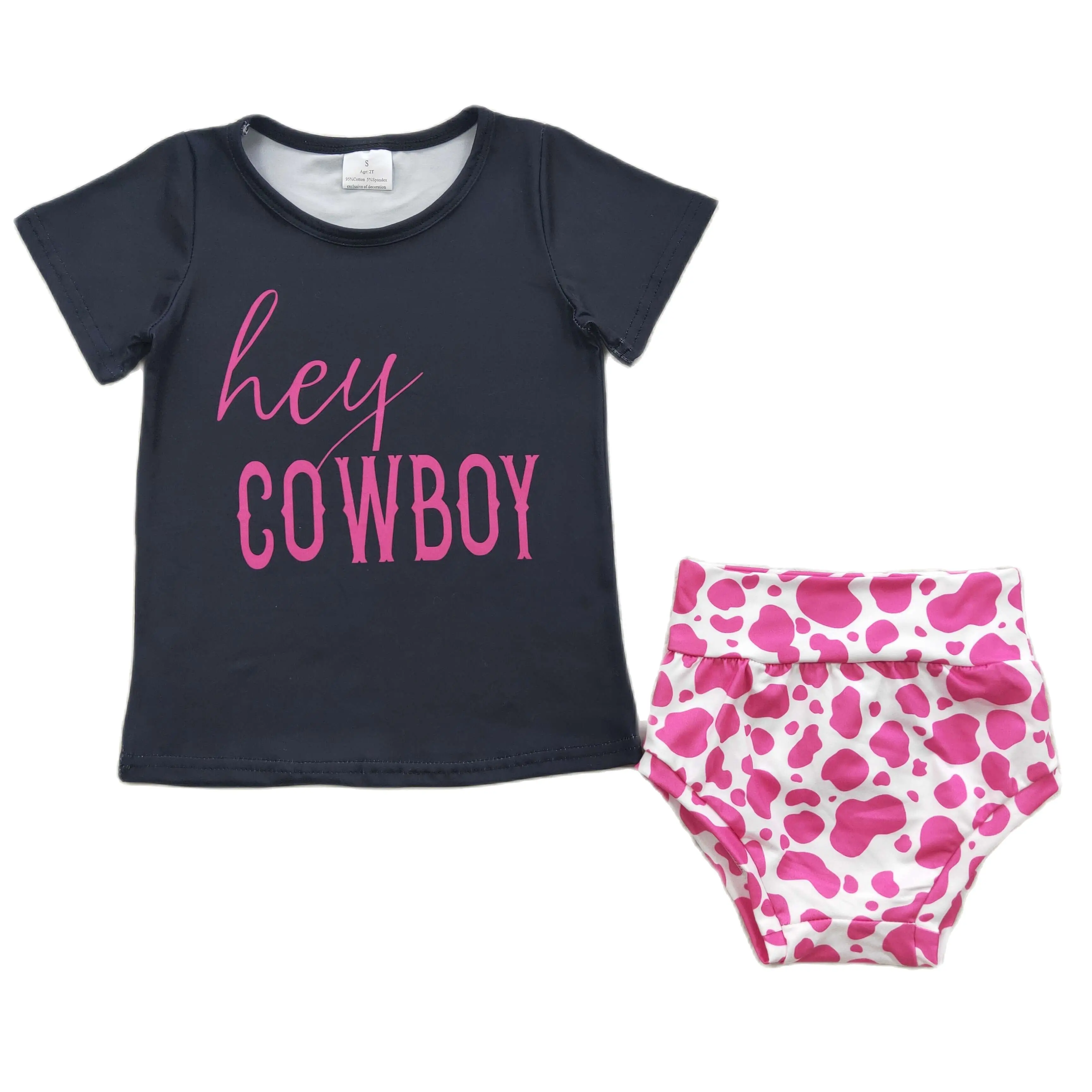 

Baby Little Girls Black Tops Bummies 2 Pieces Sets Hey Cowboy Letter Printed Infant Toddlers Casual Suits Summer Panties Outfits