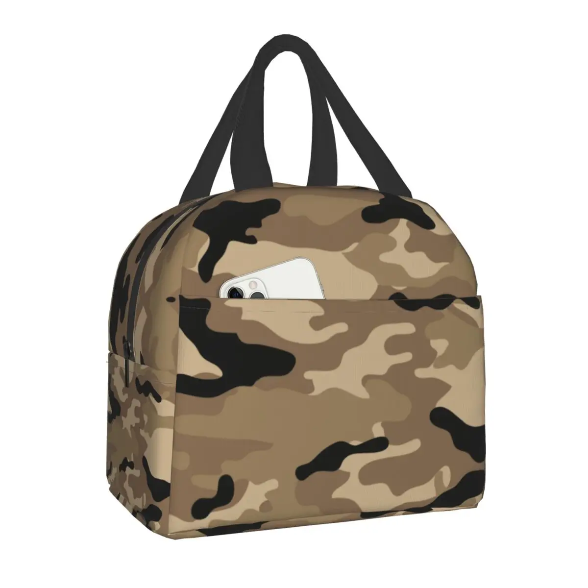 Brown Woodland Camo Thermal Insulated Lunch Bags Women Army Military Camouflage Portable Lunch Tote for Outdoor Picnic Food Box