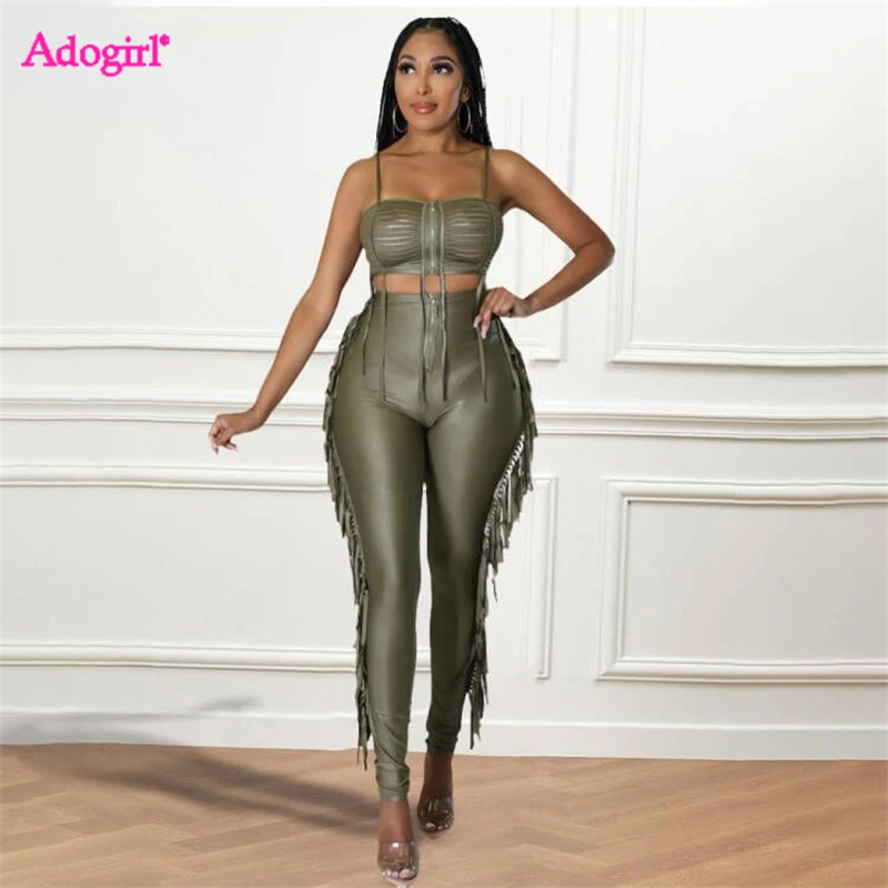 

Комплект из двух предметов Adogirl из искусственной кожи с кисточками, женский сексуальный комбинированный укороченный топ на бретелях-спагет...