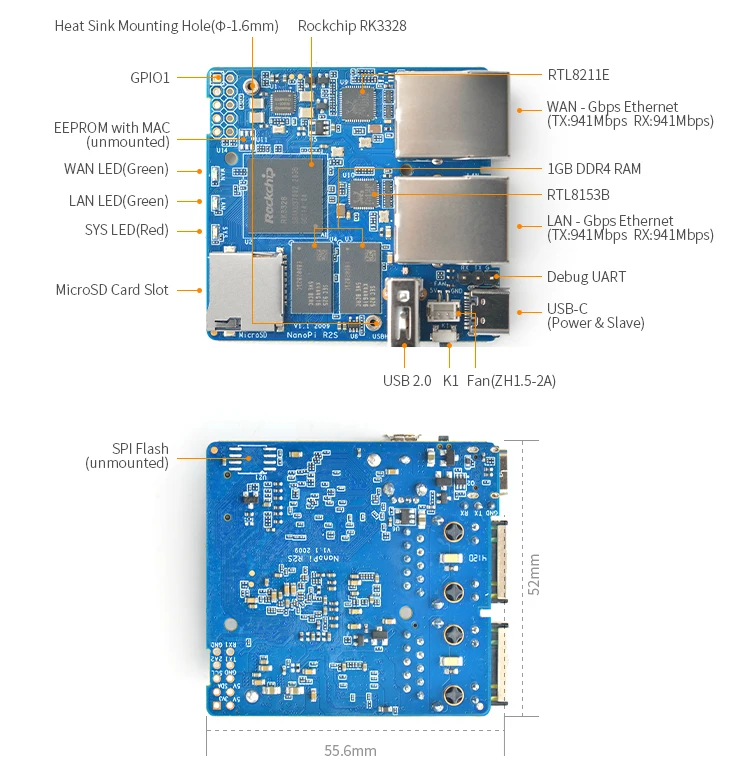 NanoPi R2S LTS (1G DDR4 RAM) Rockchip RK3328 Quad Cortex-A53 два порта Ethernet 1000M USB3.0 OpenWRT U-Boot Ubuntu-Core
