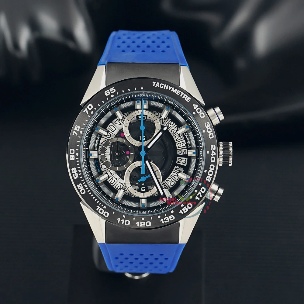 

2023 Top Brand Touch Edition Skeleton Black Dial 45mm Quartz Chronograph Watch Blue Rubber Strap Men's Watch Reloj Hombre