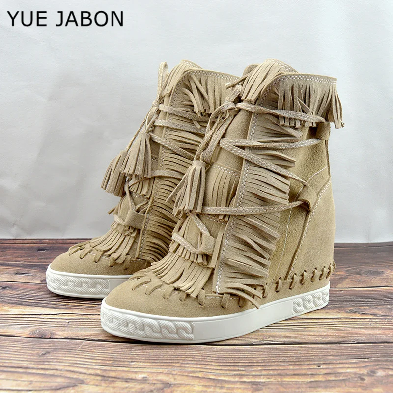 Nude Woman Cow Suede Leather Tassel Ankle Boots Womens Height Increasing High Heels Shoes Female Plus Size Lace up