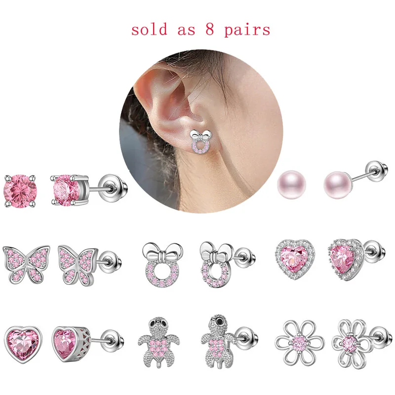 

Hypoallergenic Luxury Pink Zircon Ear Stud Sets Stainless Steel Heart Butterfly Mini Cute Earring Studs Piercing Oreja 8 Pairs