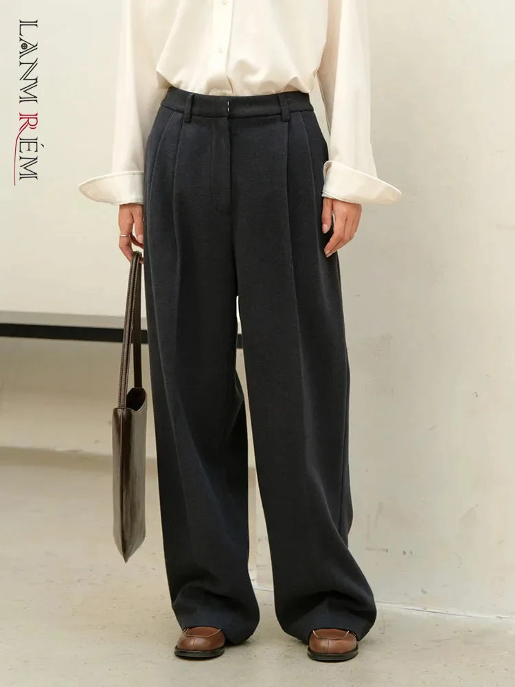 

[LANMREM] Simplicity Woolen Loose Pants For Women 2023 Autumn New Solid High Waist Wide Leg Trousers Office Lady 26D6171