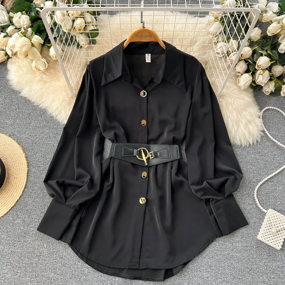 

Elegant Fashion Tie Waist Long Shirt White Black Red Spring Autumn Womens Top Tuxedo Shirts Streetwear Long-sleeve Blouse Blusas