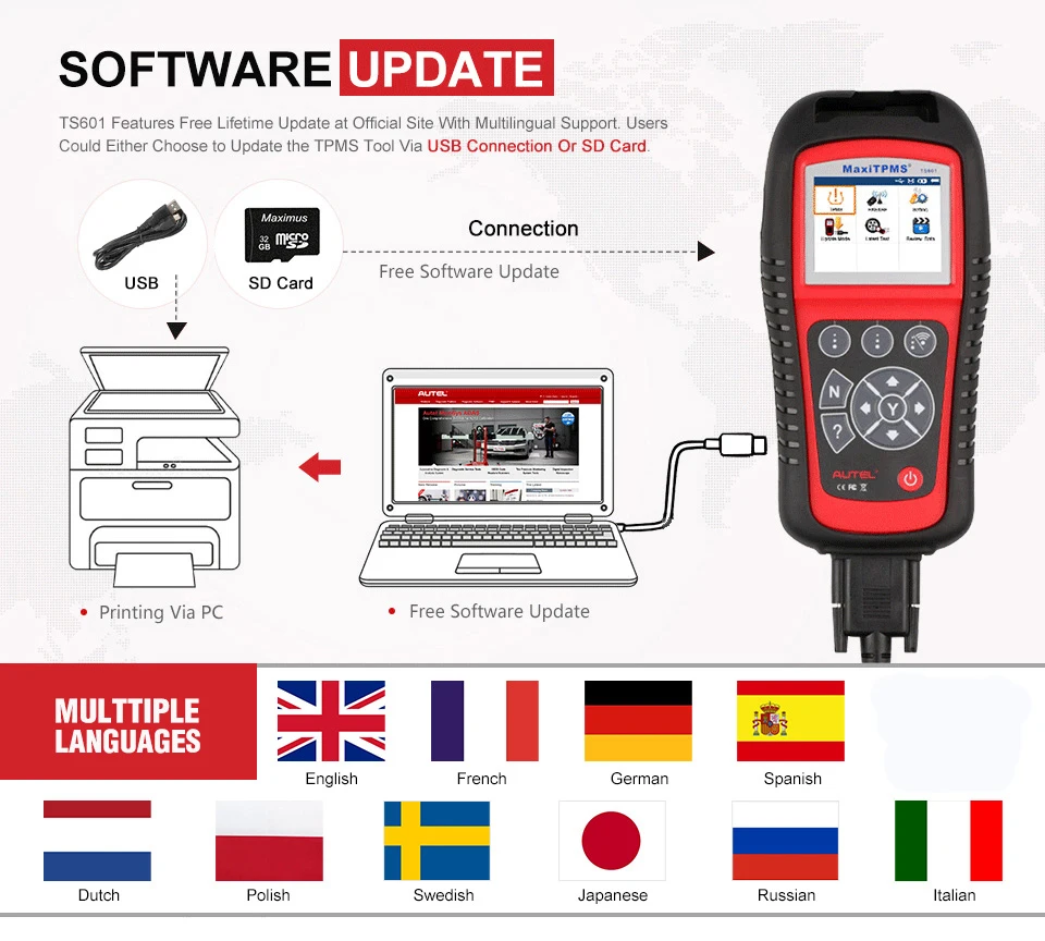AUTEL MaxiTPMS TS601 TPMS Automotive Tire Repair Tools Sensor Progarmming/Relearn/Activate for Pressure of TS501/TS408 |