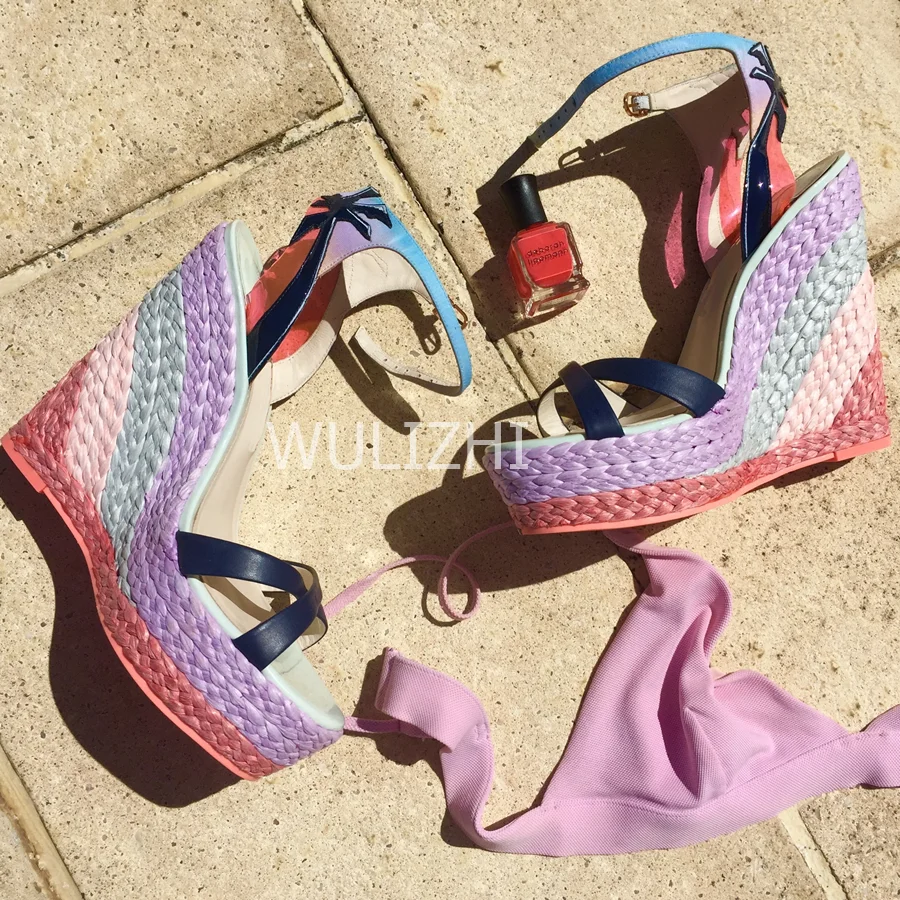 High Wedge Espadarille Women Sexy Sandal Platform Black Suede Buckle Heels Open Multicolored Ruffle Weave Purple Red Mixed Shoes