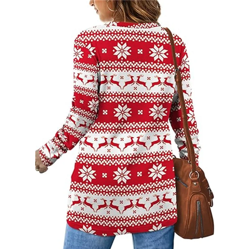 Женская рождественская футболка с длинным рукавом круглым вырезом и принтом