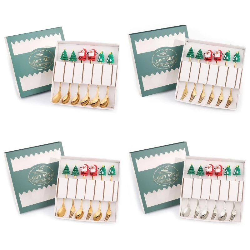 

6pcs/set Stainless Steel Stirring Spoons Forks with Gift Box Coffee Spoon Christmas Tree Santa Claus Decoration Kitchen