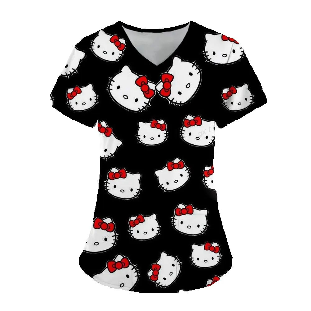 Женская блузка с коротким рукавом, V-образным вырезом и принтом Hello Kitty