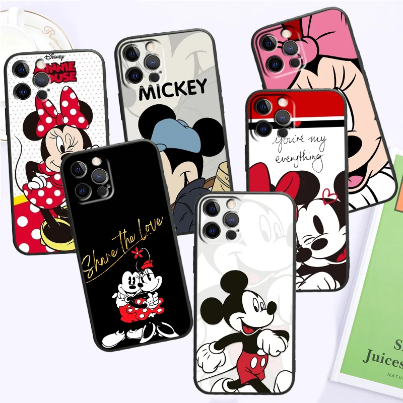 

For iPhone 15 14 13 12 11 XS XR X 8 7 SE Pro Max Plus Mini Black Anime Cute Mickey Minnie Soft Phone Case