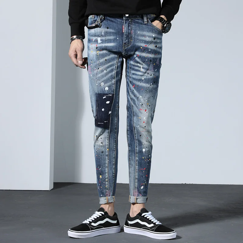 Fashion stylish Men's fashion jeans hip hop calca rock stacked printed mens slim jeans