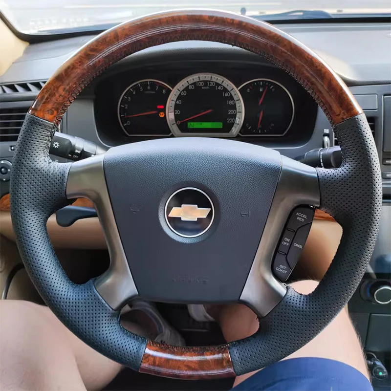 

Hand-stitched peach wood grain Black Leather Car Steering Wheel Cover For Chevrolet Epica 2007-2013 Interior Handle Cover