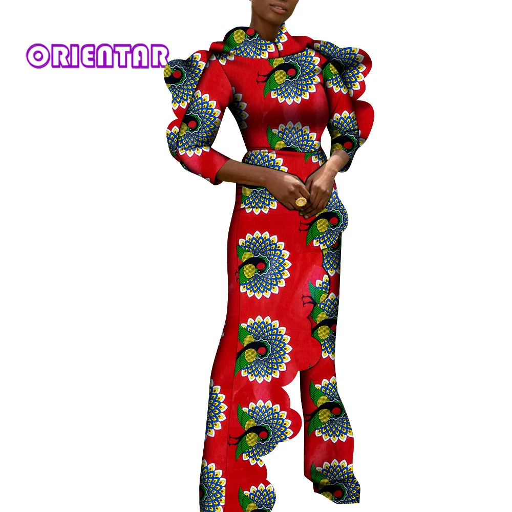 African Clothes for Women Ankara Print Jumpsuits with Ruffle Lady Badysuit Nigerian Clothes Girls Trousers Large Size WY9098