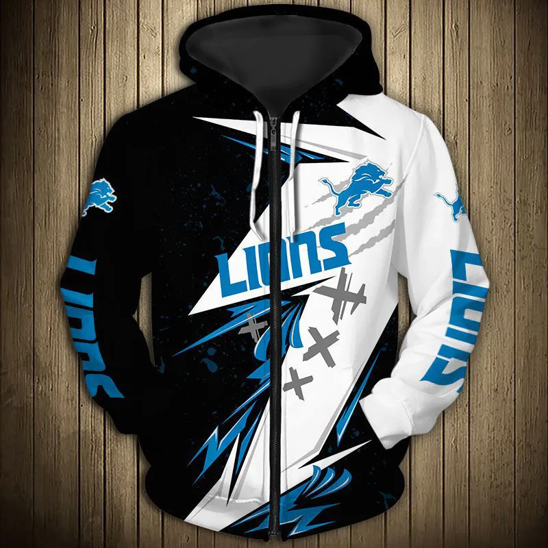 

Fashion sportswear Detroit men's Black and white geometric stitching blue flower print Lions zipper hoodie