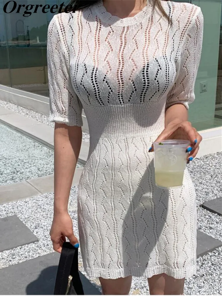 

New Sexy Hollow Out Dress Women Summer Perspective Short Sleeve Thin Knitted Sweater Short Mini Dresses Elegant Vestidos Robe