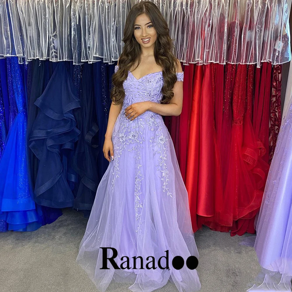 

Ranadoo Elegant Appliques Evening Dress V Neck Off The Shoulder A Line Pleats Sparkly Tulle Lacing Up Floor Length Personalised