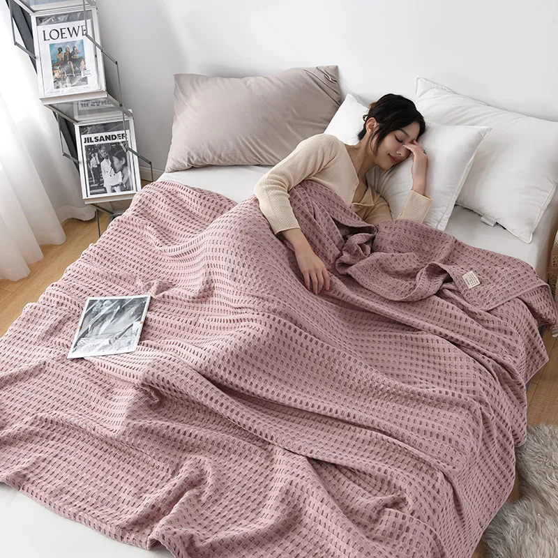 

Cotton Summer Waffle Plaid Blanket Soft Throw Thin Quilt Knitted Bedspread Home Hotel Coverlets Green Picnic Throw Blankets