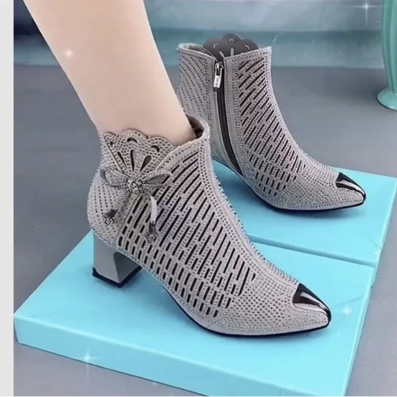 

Summer Mesh Breathable Rhinestone High-heeled Sandals Women Ankle Boots Fashion Bow-knot Point Toe Shoes High Heels Party Shoes