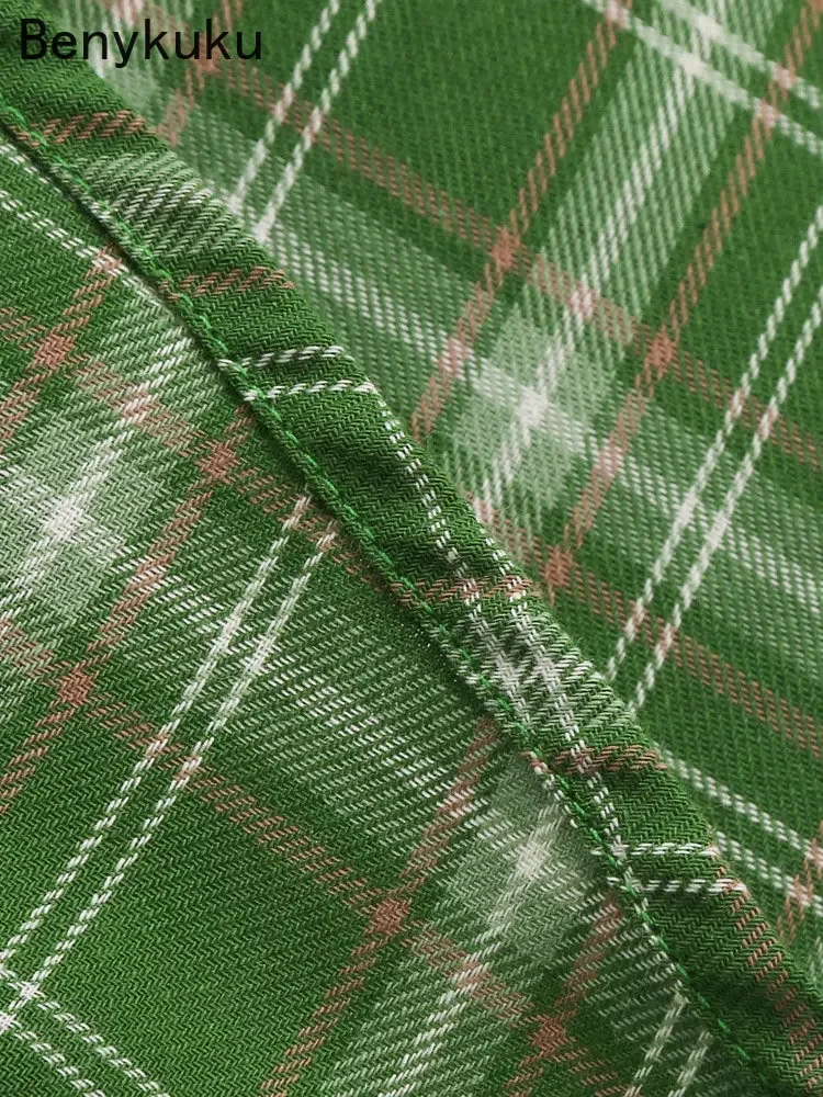 Женское винтажное платье с бантом спереди зеленое клетчатое 1920-х годов в стиле