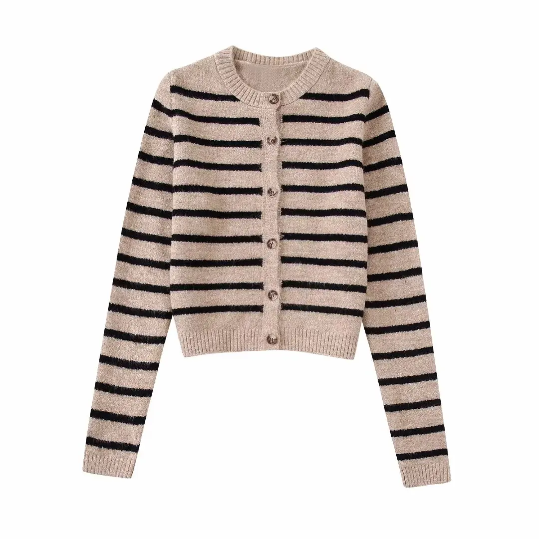 

Women 2022 Fashion Cropped Striped Knit Cardigan Sweater Vintage Long Sleeve Front Buttons Female Outerwear Chic Tops