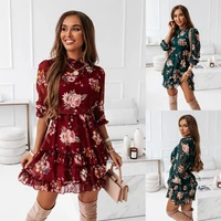 2022 new printed flowers dress spring autumn long sleeves dress o neck ruffles clothes for ladies drop shipping